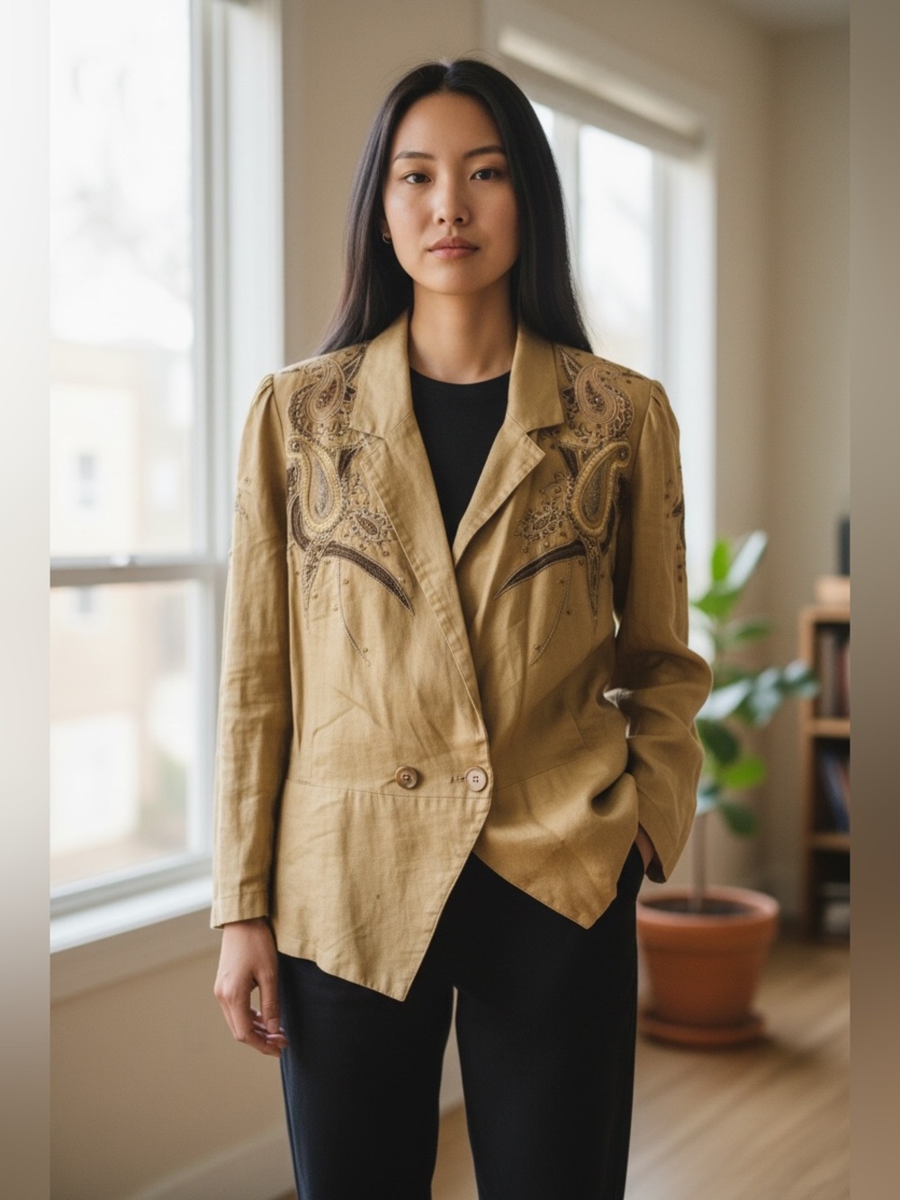 Vintage Embroidered Gold-Tan Women's Blazer Jacket with Button Accent